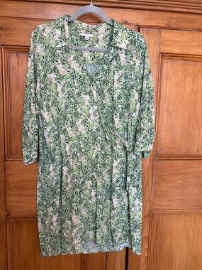CAbi Green and White Leaf-Print Midi Wrap Dress